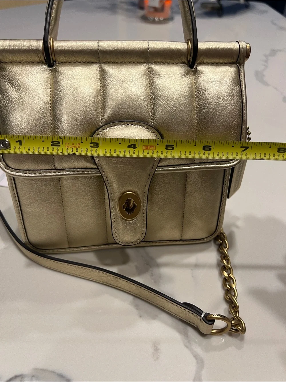 Coach Metallic Gold Quilted Leather Satchel with Chain Strap